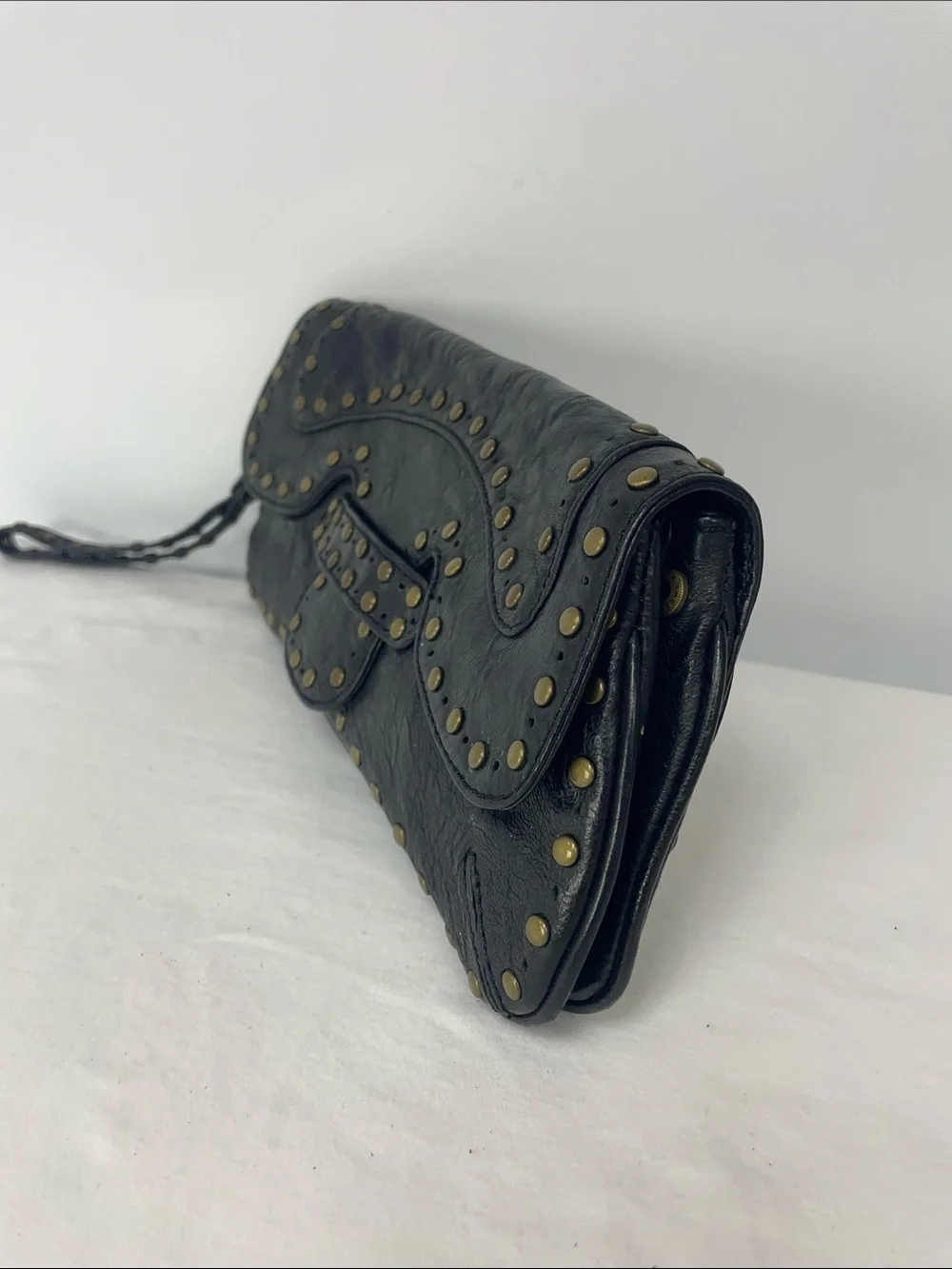 Kooba Black Leather Studded Wristlet Clutch with Brass Accents